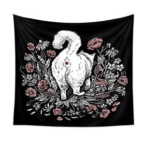 Close-up of cat wall tapestry detail featuring white cat back with floral pattern decor