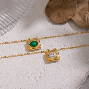 French vintage 18K gold plated square pendant necklace with emerald and white gemstones