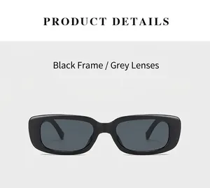 Detail view of vintage narrow rectangular black frames and dark grey resin sunglasses lenses
