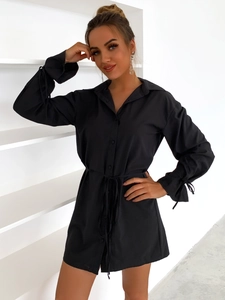 Vestido Camisero De Mujer Manga Larga Poliéster Color Sólido Cuello De Solapa Cintura Anudada Con Botones