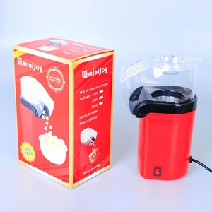 Detailed view of red oil-free hot air popcorn maker with 1200W technical specs
