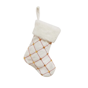 9-inch white Christmas stocking with red diamond sequins and white faux fur cuff decoration