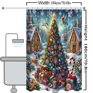 Christmas shower curtain set with festive tree and gingerbread patterns, 180x180cm size