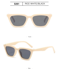 Front and side views of vintage rice white cat eye sunglasses with black lenses