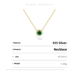 Detailed view of gold S925 silver necklace with 7.5mm green zircon pendant and dimensions