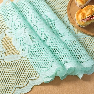 Mint green hollow floral lace table runner with intricate rose embroidery for home decor