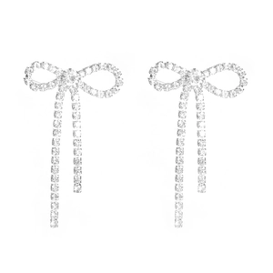 Sparkling silver bow knot tassel earrings with white rhinestones for wedding occasions