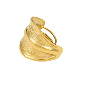 Golden textured stainless steel wide ring with irregular hammer pattern on white background