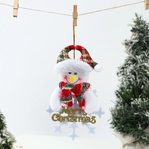 Hanging snowman ornament with Merry Christmas sign and red-green plaid hat decoration