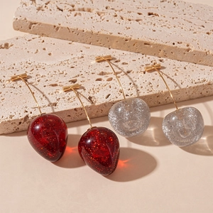 Chic 3D cherry acrylic earrings with glitter, red and silver fruit style for summer