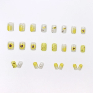 Cute sunflower and bee press-on nails set with 24 pieces of yellow and white art tips