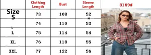 Detailed size chart for vintage plaid button-down shirt with measurements in cm