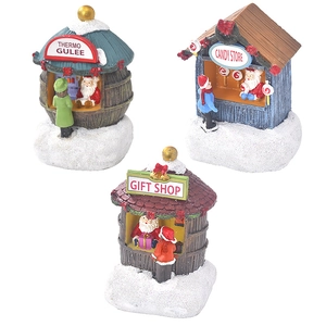 Miniature resin Christmas houses set featuring candy store and gift shop decorations