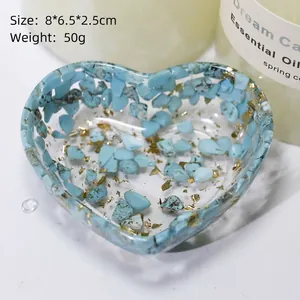 Heart-shaped crystal resin storage bowl with blue stones and gold foil 8x6.5x2.5cm