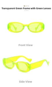 Detail view of oval semi-transparent green sunglasses with matching green lenses