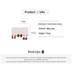 Detailed view of amber resin and alloy earrings with size and material specifications