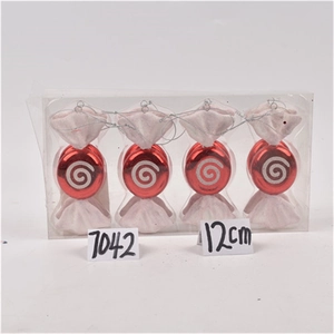 Close-up of four 12cm red and white swirl candy ornaments in clear box with silver strings
