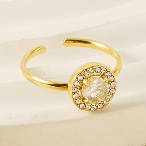 Round Zirconia Halo Ring Stainless Steel 18K Gold Plated Adjustable Open Ring Elegant Luxury Fashion Jewelry For Women