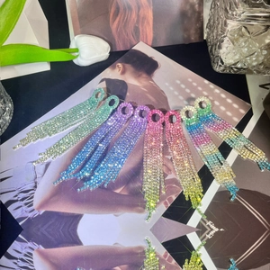 Elegant long rhinestone tassel earrings for women in colorful gradient sparkling finishes