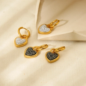 Heart Pendant Hoop Earrings Stainless Steel 18K Gold Plated Full Rhinestone Inlaid Vintage Style Waterproof Jewelry For Women
