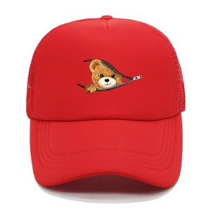 Detail of red mesh trucker hat featuring cartoon teddy bear and breathable back panels