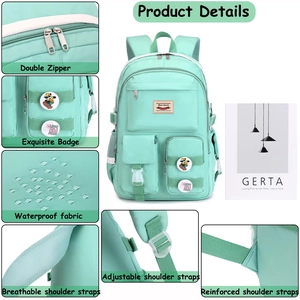 Detail view of mint green backpack showing waterproof fabric and breathable straps