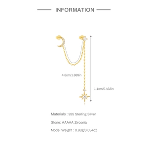 Detail of S925 sterling silver moon and star tassel chain earrings with AAAAA zirconias