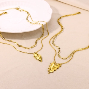 Double layer 18K gold stainless steel necklace with paperclip chain and heart pendant