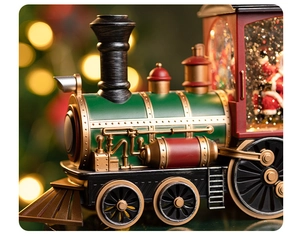 Macro view of Christmas Santa train box with glitter liquid and festive decorations