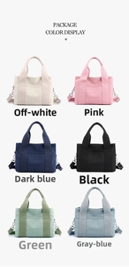 Canvas tote bag color display featuring six variants with adjustable shoulder straps