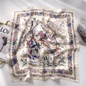 Elegant floral square silk scarf featuring bird and peony patterns in cream white