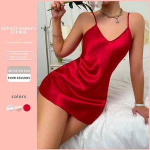 Women Sexy Satin Nightgown Satiny Sleepwear V Neck Spaghetti Strap Chemise Short Nightie Loungewear