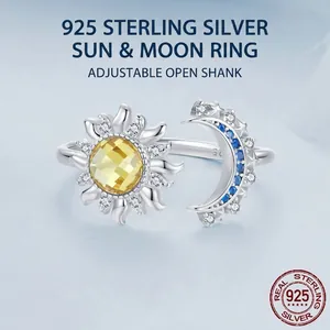 Sparkling 925 sterling silver sun and moon open ring with yellow and blue zircon stones