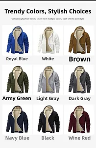 Matrix grid showing nine colors of men's hooded jackets with warm fleece lining