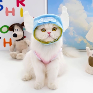 Sky blue plush sunflower pet hat with white wings and BABY embroidery for small cats and dogs