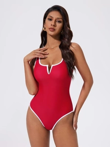 Women One Piece Swimsuit Sexy Contrast Trim Backless Bathing Suit V Notch High Cut Beachwear Monokini