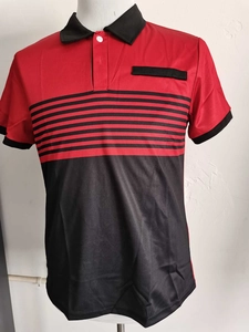 Detail of red and black striped polo shirt with breathable mesh texture and collar