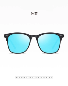 Detail of polarized sunglasses with ice blue mirror lenses and black classic frame