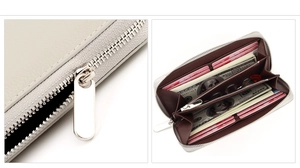 Close-up of leather texture and open interior with multiple card slots and zip pocket