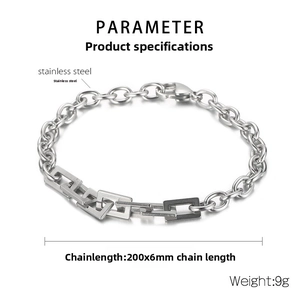 Detailed view of silver stainless steel chain bracelet with rectangular links and dimensions