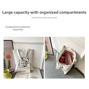 Detail of white Oxford cloth tote bag with bear print showing large interior capacity
