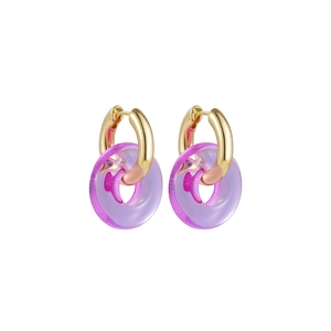 Detailed macro view of gold hoop earrings with translucent purple resin ring pendants