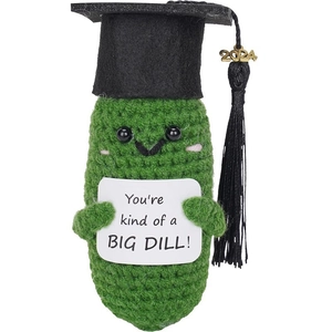 Handmade crochet positive pickle doll with black 2024 graduation cap on white background