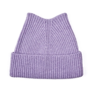 Close-up of purple ribbed knit beanie featuring cute cat ear design and soft wool texture