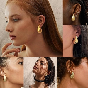 Collage of diverse models wearing 18k gold plated hollow teardrop earrings