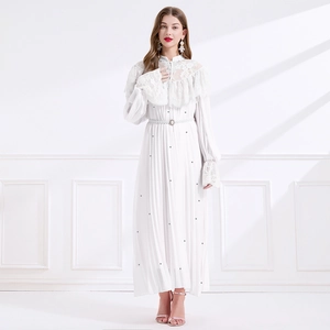 Robe Maxi En Dentelle Patchwork Plissée Col Montant Manches Longues Élégante Ligne A Avec Ceinture De Künstliche Perles