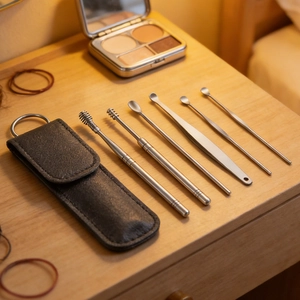 Set per la pulizia delle orecchie in acciaio inox da 6 pezzi con custodia in pelle