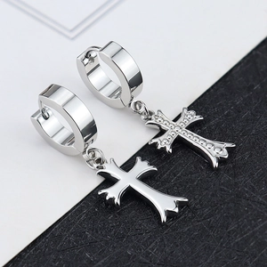 Polished titanium steel cross pendant hoop earrings with smooth and dotted textures