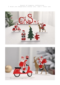 Detail of Nordic wooden Christmas figurines including Santa on scooter and reindeer decor