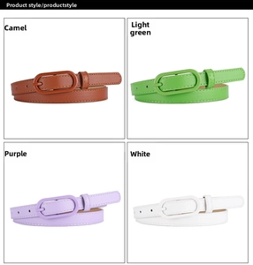 Slim belts for women featuring oval pin buckles in camel, light green, purple, and white